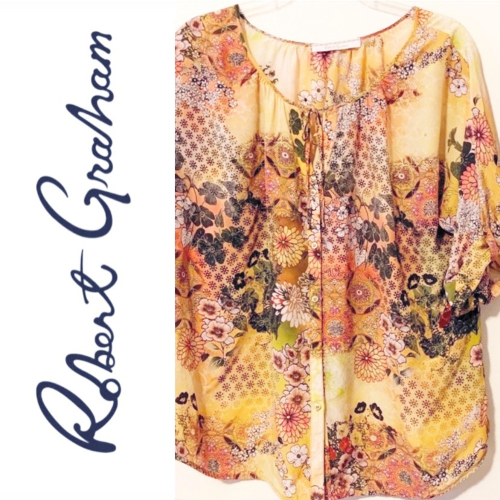 Robert Graham 100% silk boho print blouse L
